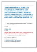 TEXAS PROFESSIONAL INSPECTOR  LICENSING EXAM PRACTICE TEST  QUESTIONS AND CORRECT ANSWERS  &lpar;VERIFIED ANSWERS&rpar; PLUS RATIONALES  2025 Q&A &vert; INSTANT DOWNLOAD PDF