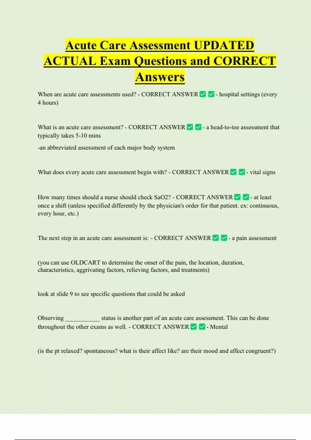 Acute Care Assessment UPDATED ACTUAL Exam Questions and CORRECT Answers - Cna - Stuvia US