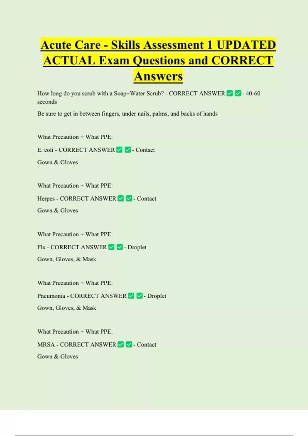 Acute Care - Skills Assessment 1 UPDATED ACTUAL Exam Questions and CORRECT Answers - Cna - Stuvia US
