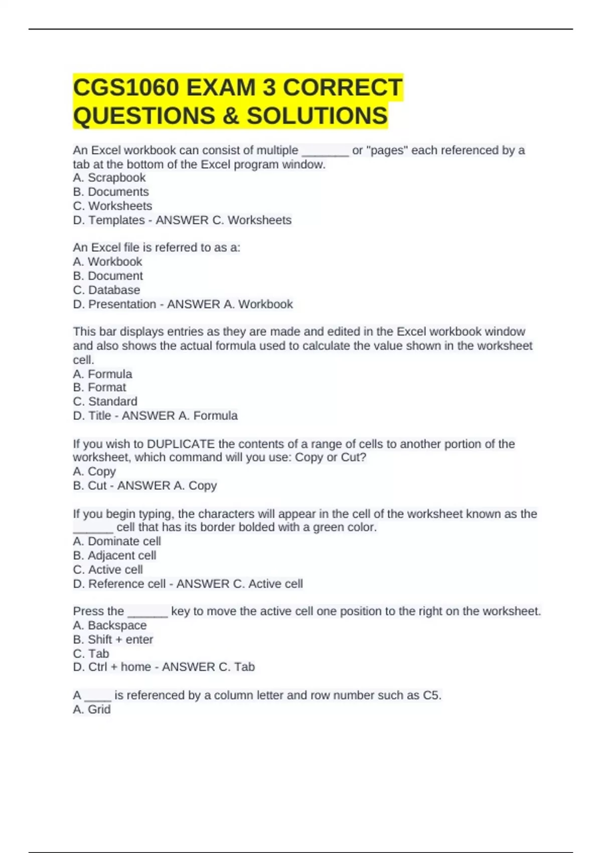CGS1060 EXAM 3 CORRECT QUESTIONS & SOLUTIONS - CGS 1060 - Stuvia US