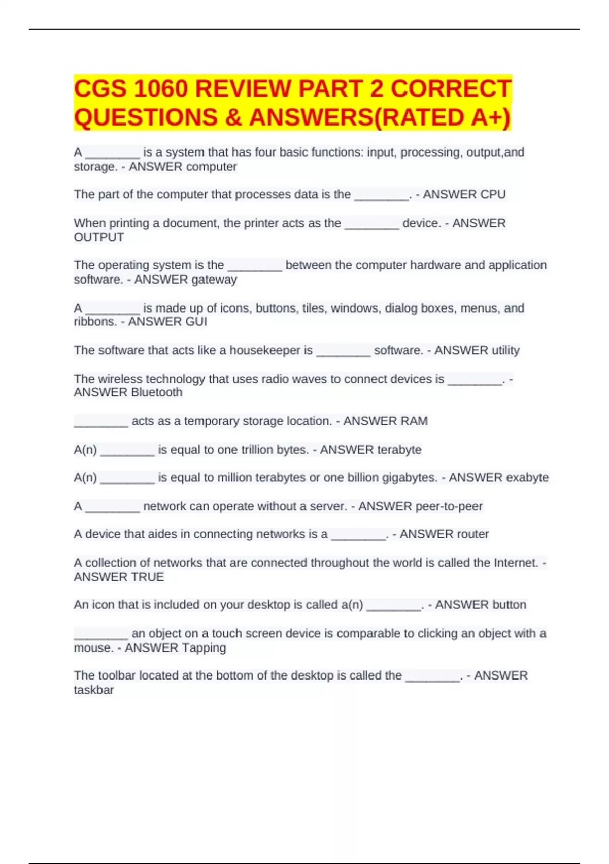CGS 1060 REVIEW PART 2 CORRECT QUESTIONS & ANSWERS(RATED A+) - CGS 1060 ...