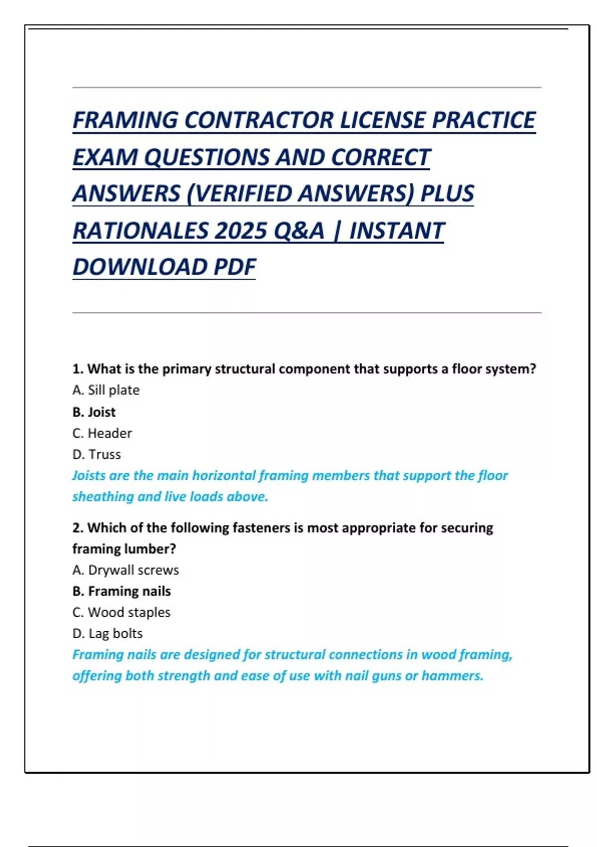 FRAMING CONTRACTOR LICENSE PRACTICE EXAM QUESTIONS AND CORRECT ANSWERS (VERIFIED ANSWERS) PLUS ...