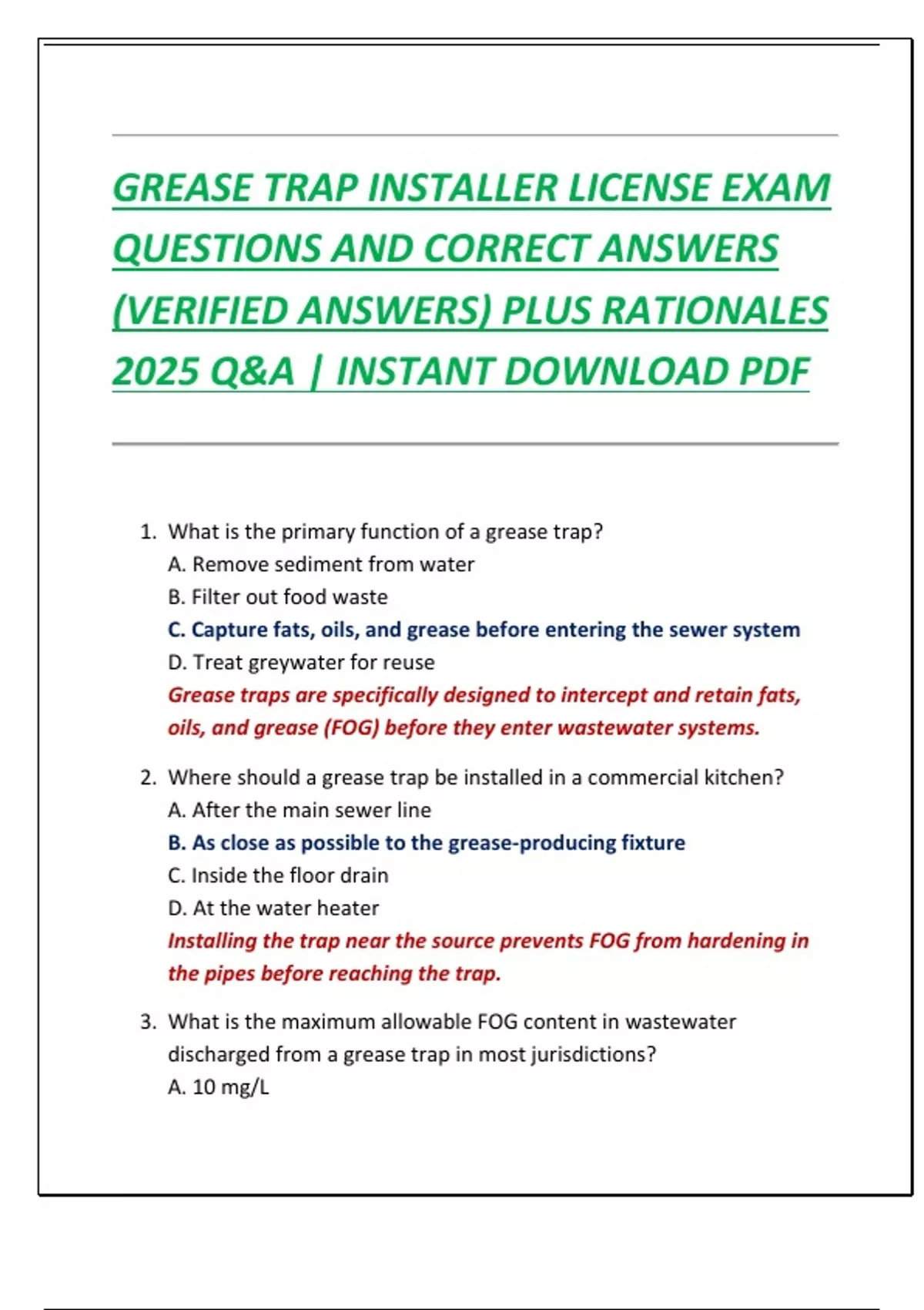 GREASE TRAP INSTALLER LICENSE EXAM QUESTIONS AND CORRECT ANSWERS ...