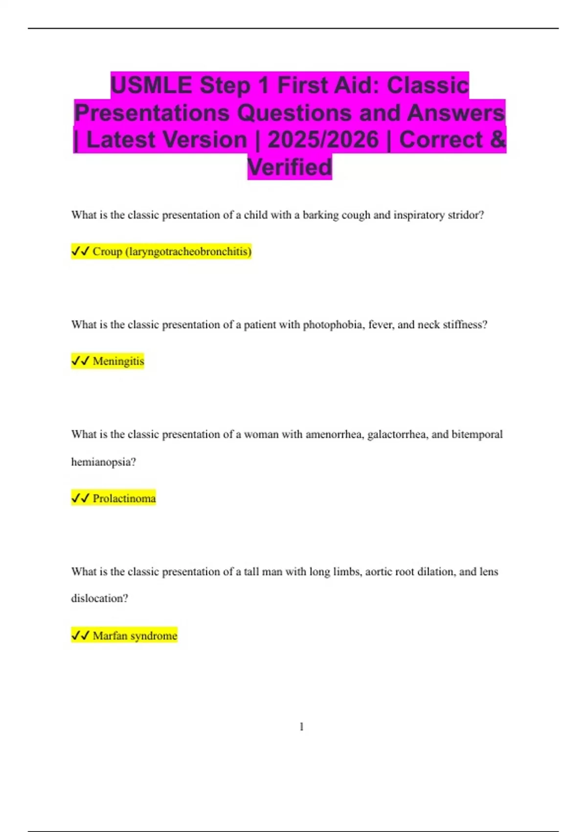 USMLE Step 1 First Aid: Classic Presentations Questions and Answers ...