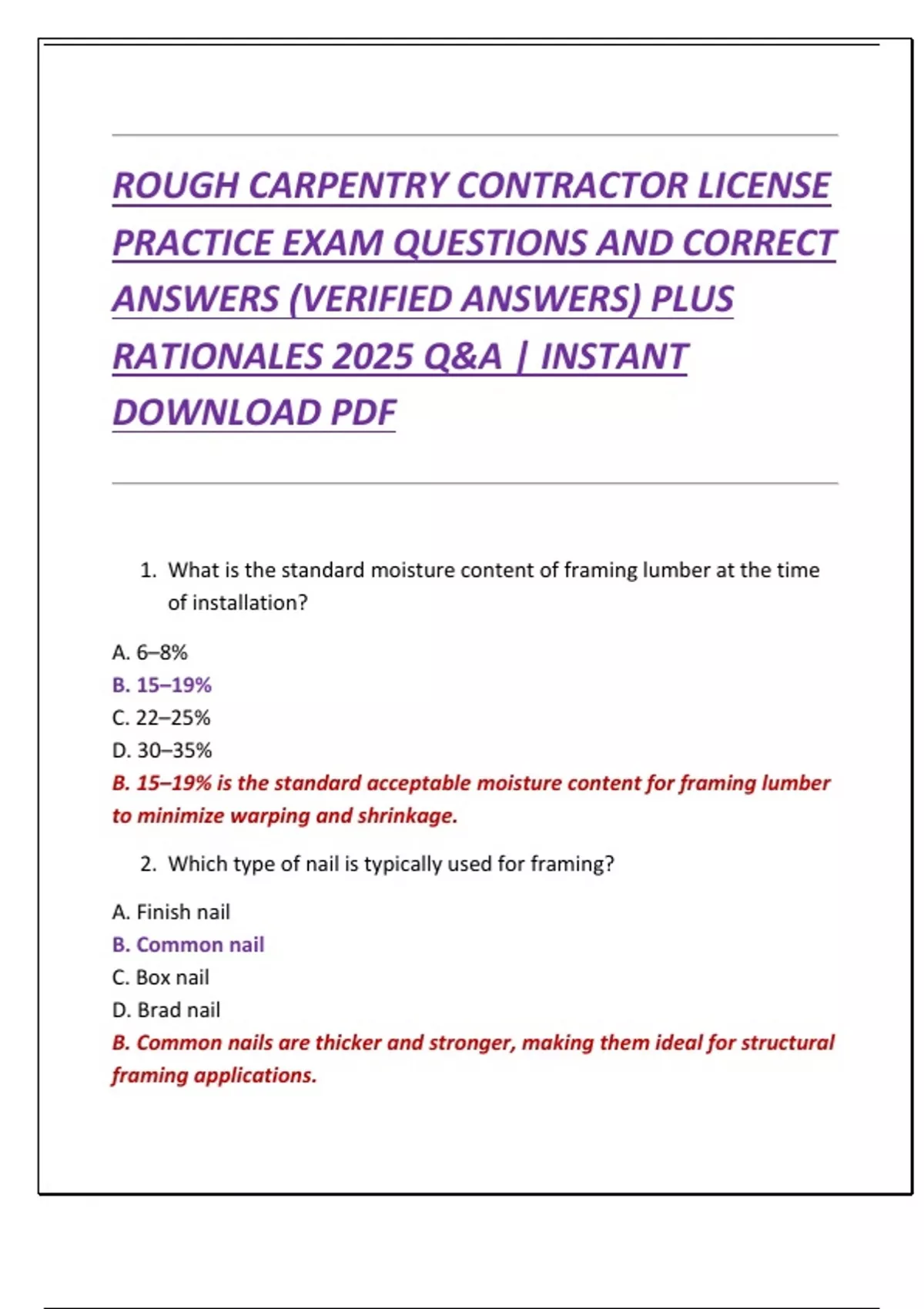 ROUGH CARPENTRY CONTRACTOR LICENSE PRACTICE EXAM QUESTIONS AND CORRECT ...