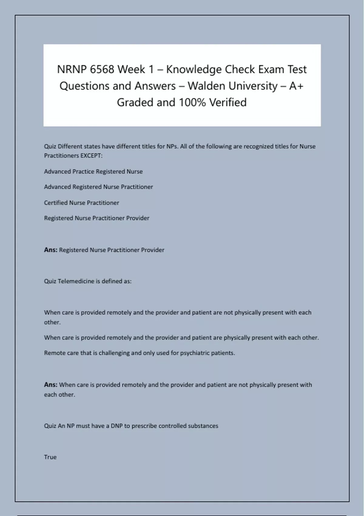 NRNP 6568 Week 1 – Knowledge Check Exam Test Questions and Answers ...