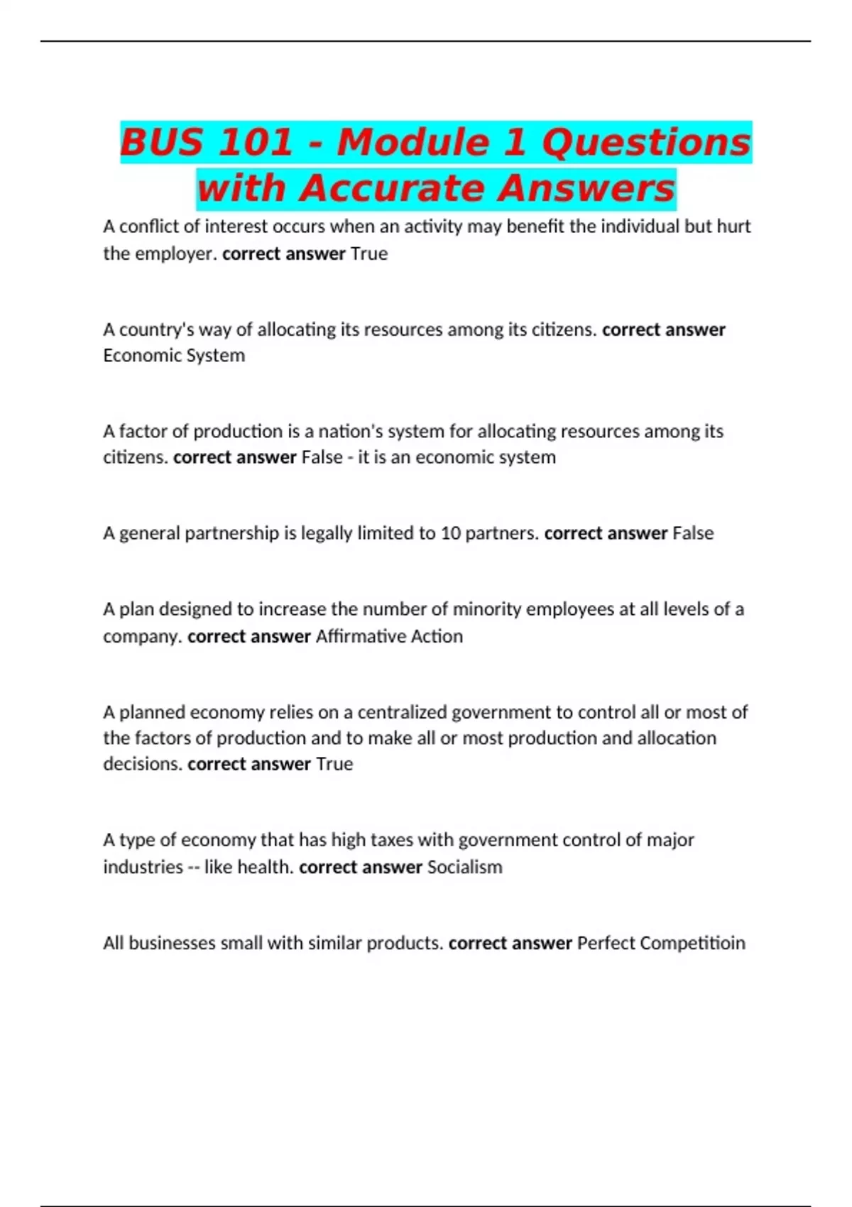 BUS 101 - Module 1 Questions with Accurate Answers - Buisness ...