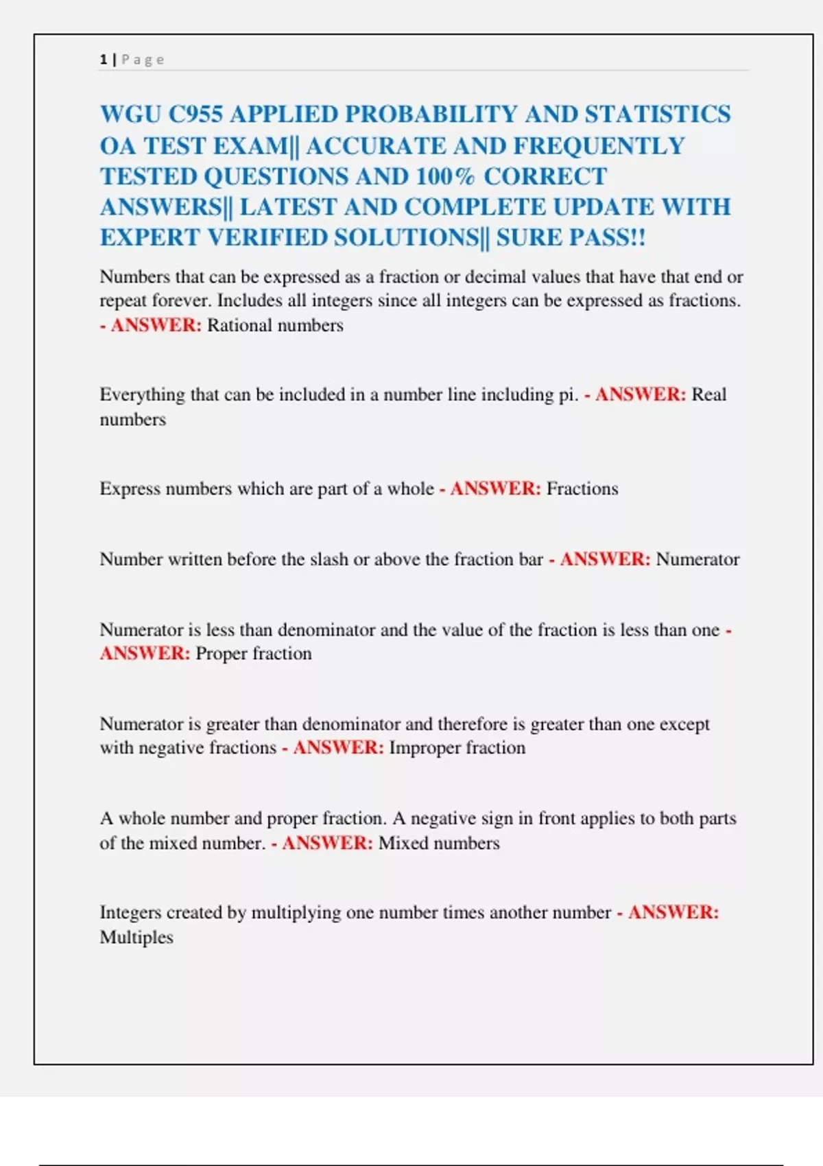 WGU C955 APPLIED PROBABILITY AND STATISTICS OA TEST EXAM|| ACCURATE AND ...