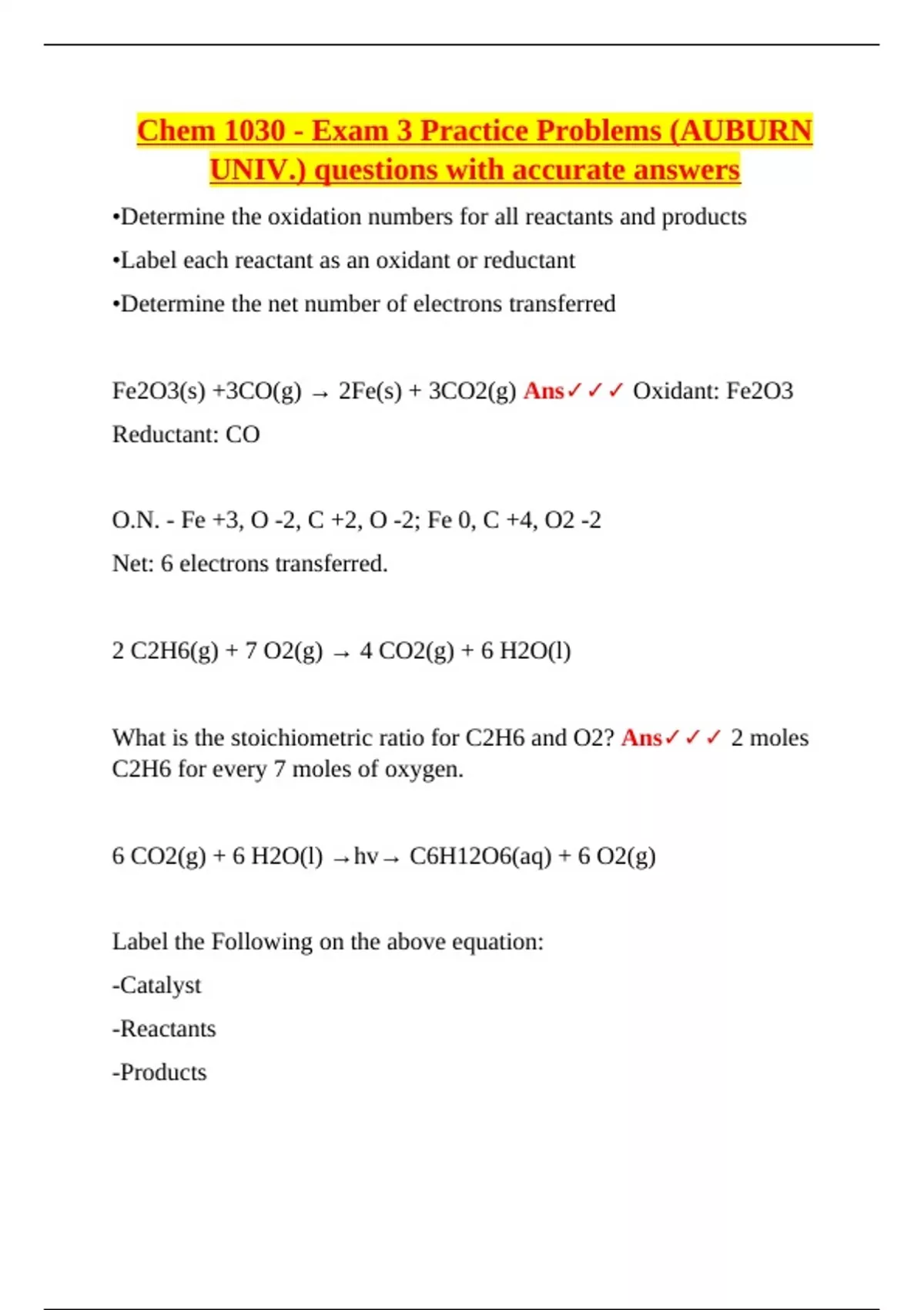 CHEM 1030 – Exam 3 Practice Problems with Accurate Answers | Auburn ...