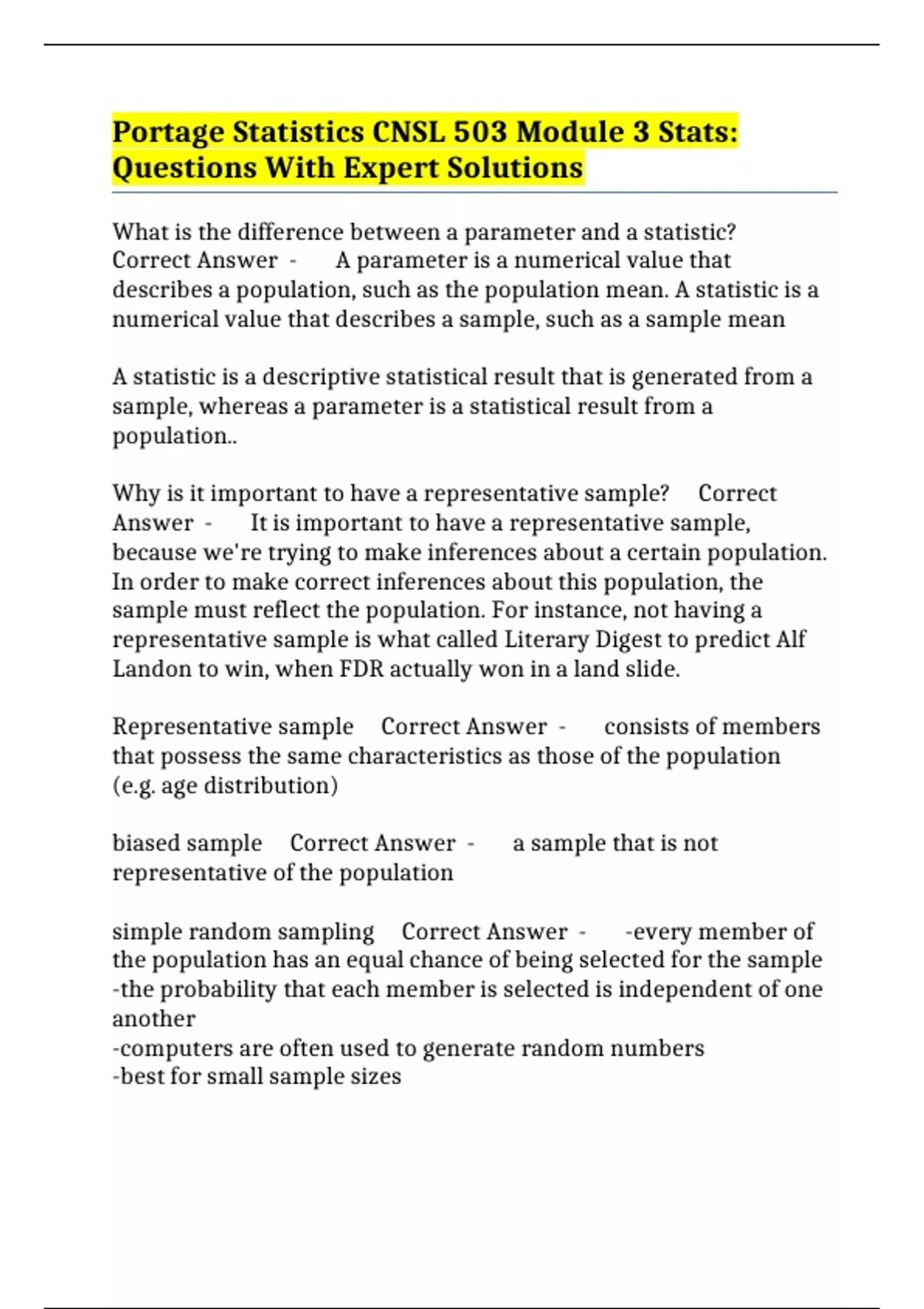 Portage Statistics CNSL 503 Module 3 Stats: Questions With Expert ...