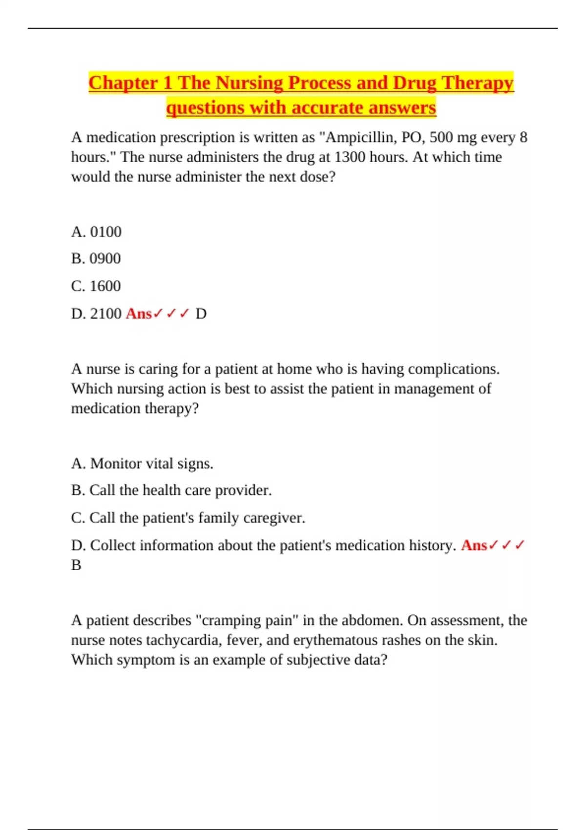Chapter 1 The Nursing Process and Drug Therapy questions with accurate ...