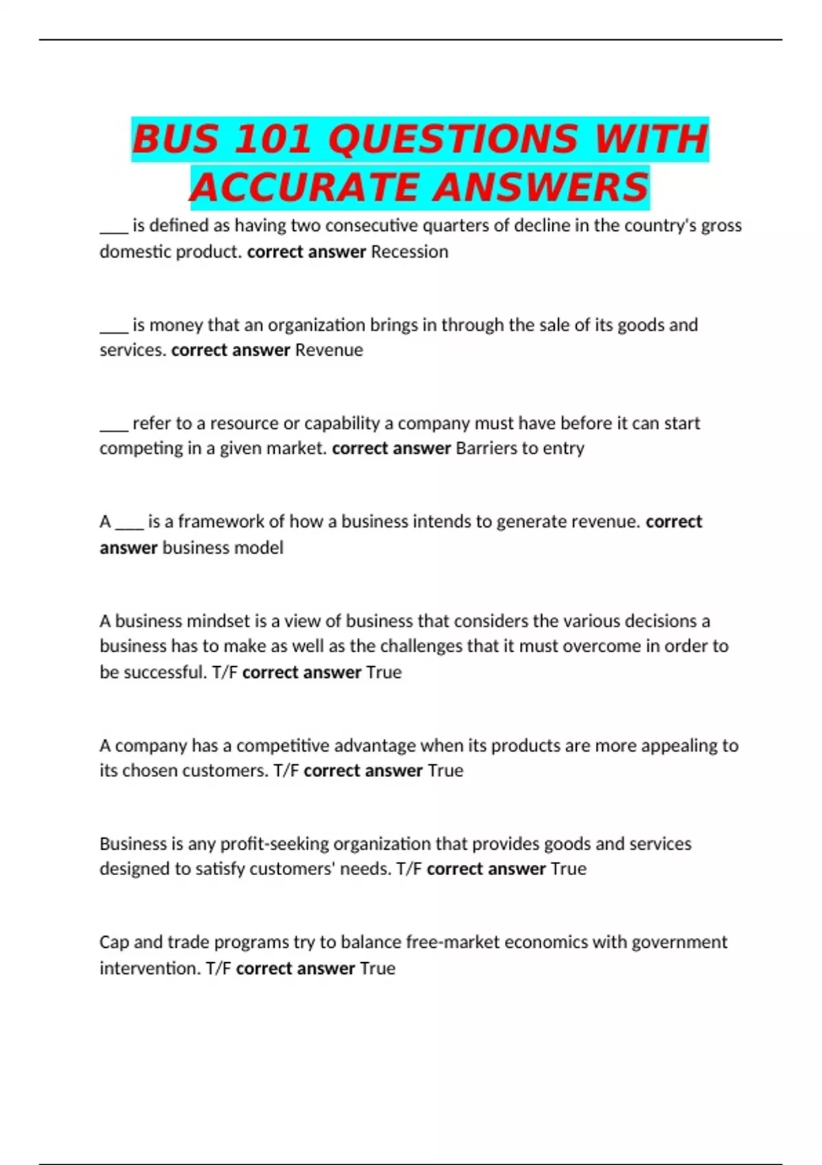 BUS 101 QUESTIONS WITH ACCURATE ANSWERS - Buisness management - Stuvia US