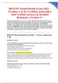 HESI PN Mental Health Exam 2025 &ndash; Versions A & B &vert; Certified actual Q&A with Verified Answers & Detailed Rationales &vert; Graded A&plus;
