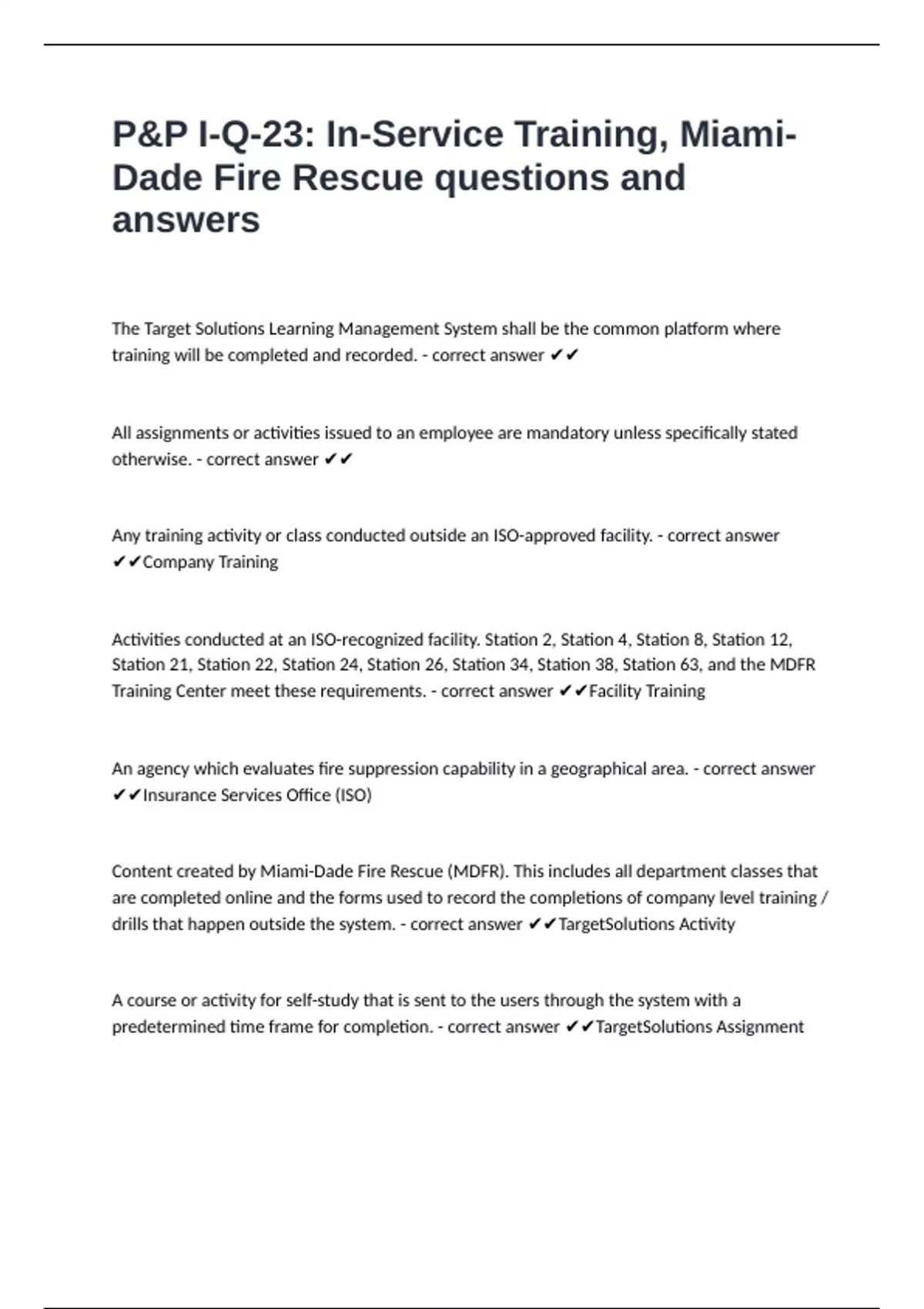 Fire Rescue Interview Questions P&P I-Q-23: In-Service Training, Miami-Dade Fire Rescue questions and ...