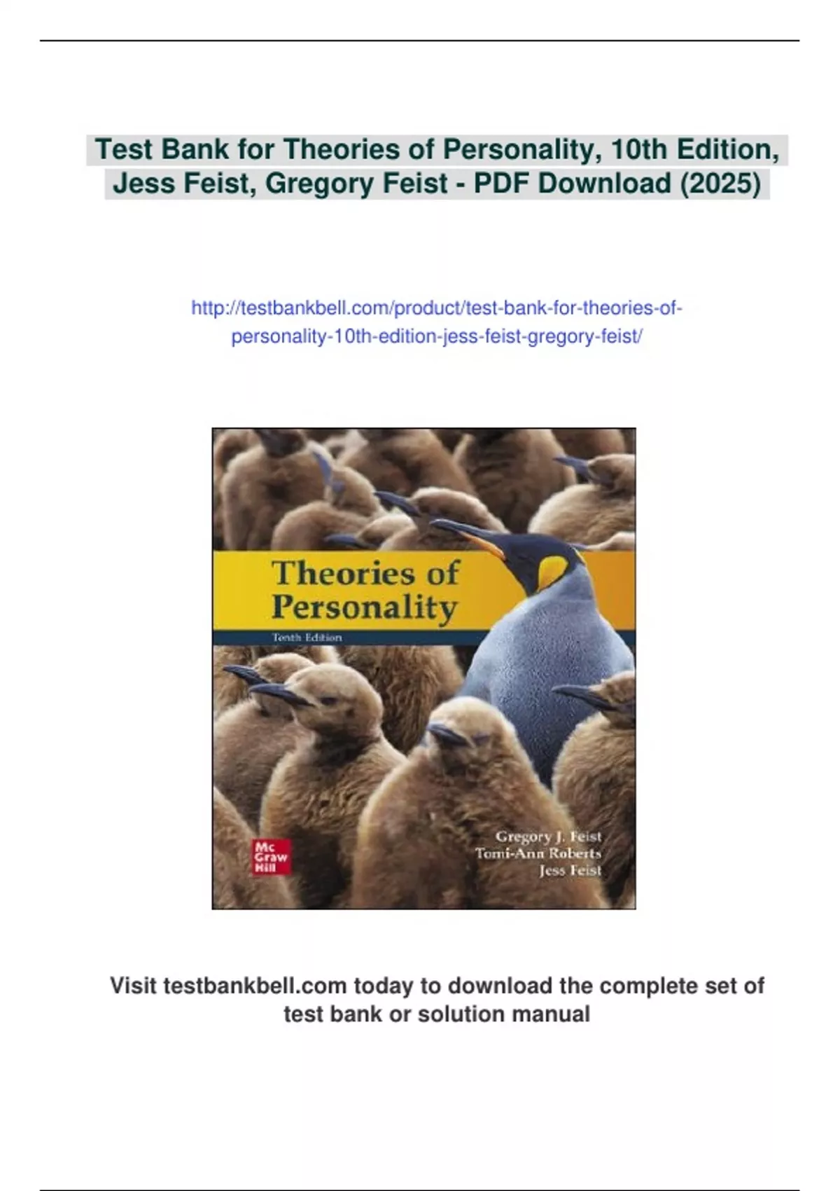 Summary Test Bank for Theories of Personality, 10th Edition, Jess Feist ...