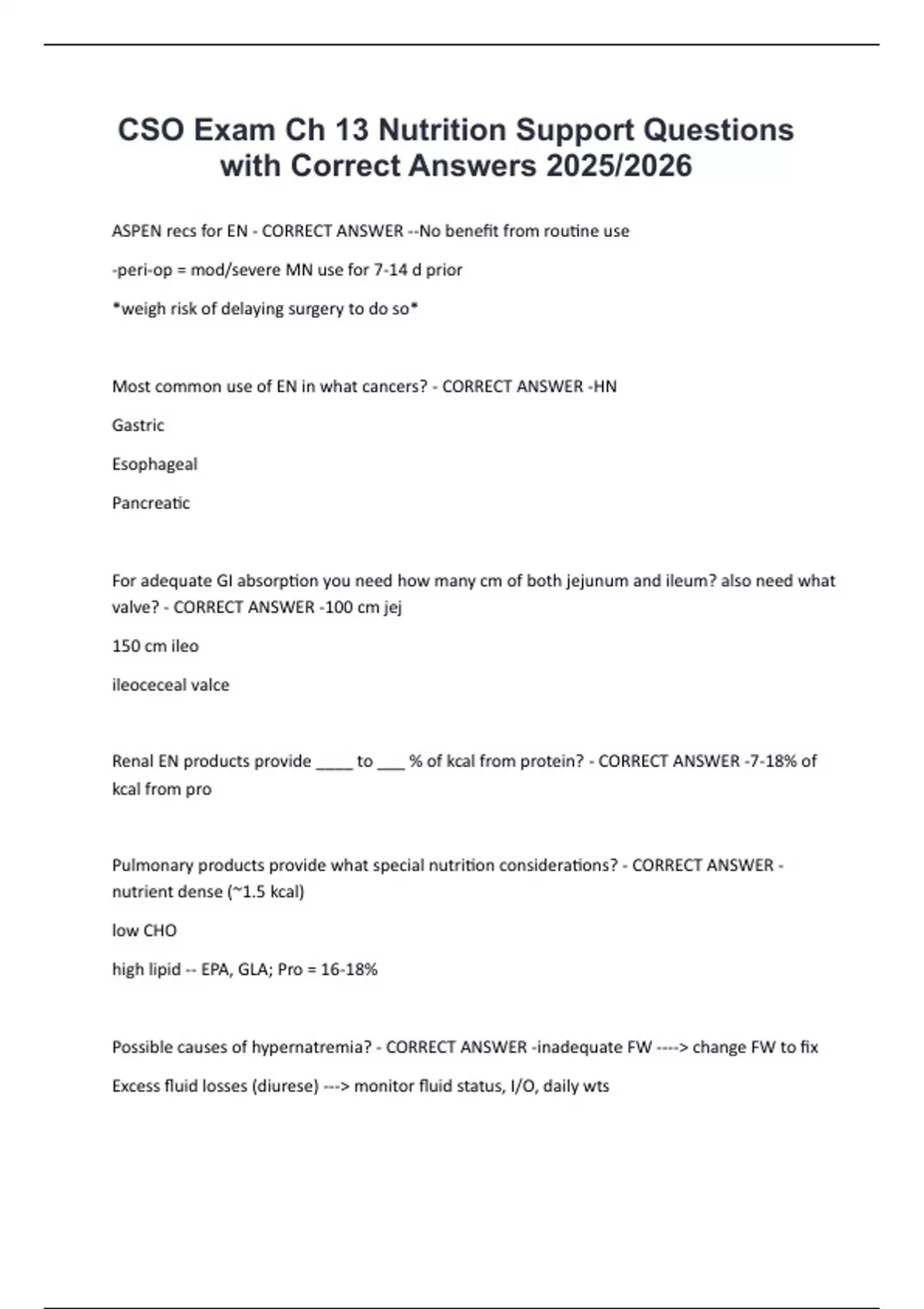 CSO Exam Ch 13 Nutrition Support Questions with Correct Answers 2025/ ...