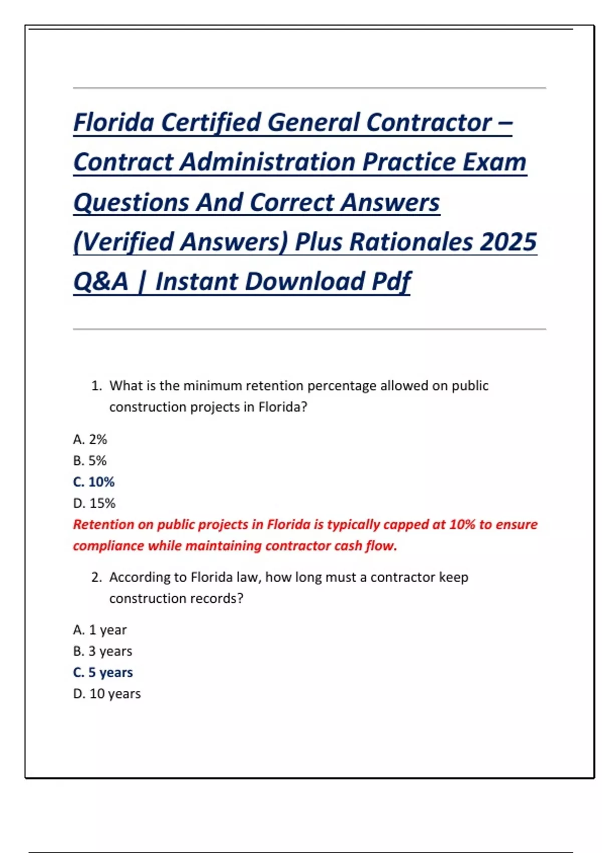 Florida Certified General Contractor – Contract Administration Practice Exam Questions And ...