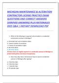 MICHIGAN MAINTENANCE & ALTERATION  CONTRACTOR LICENSE PRACTICE EXAM  QUESTIONS AND CORRECT ANSWERS  &lpar;VERIFIED ANSWERS&rpar; PLUS RATIONALES  2025 Q&A &vert; INSTANT DOWNLOAD PDF 