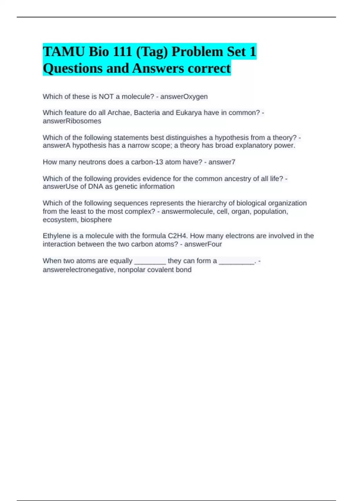 TAMU Bio 111 (Tag) Problem Set 1 Questions and Answers correct - TAMU ...