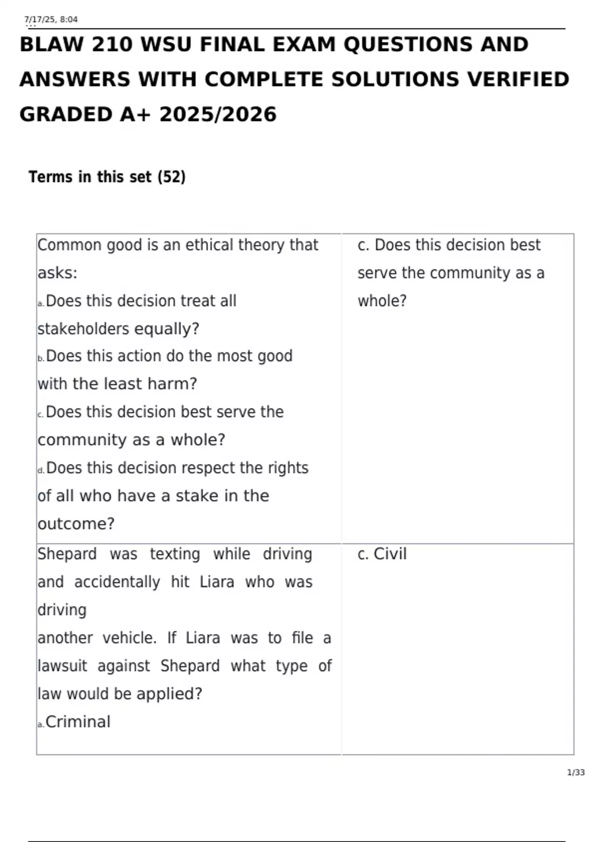 BLAW 210 WSU FINAL EXAM QUESTIONS AND ANSWERS WITH COMPLETE SOLUTIONS ...