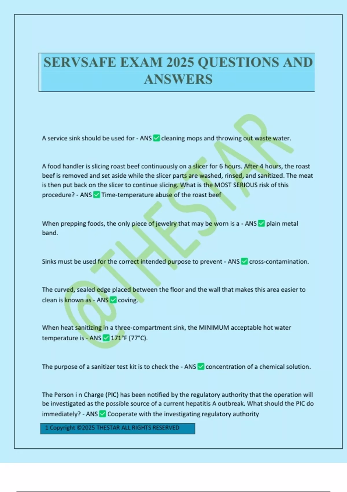 SERVSAFE EXAM 2025 QUESTIONS AND ANSWERS - SERVSAFE MANAGER - Stuvia US