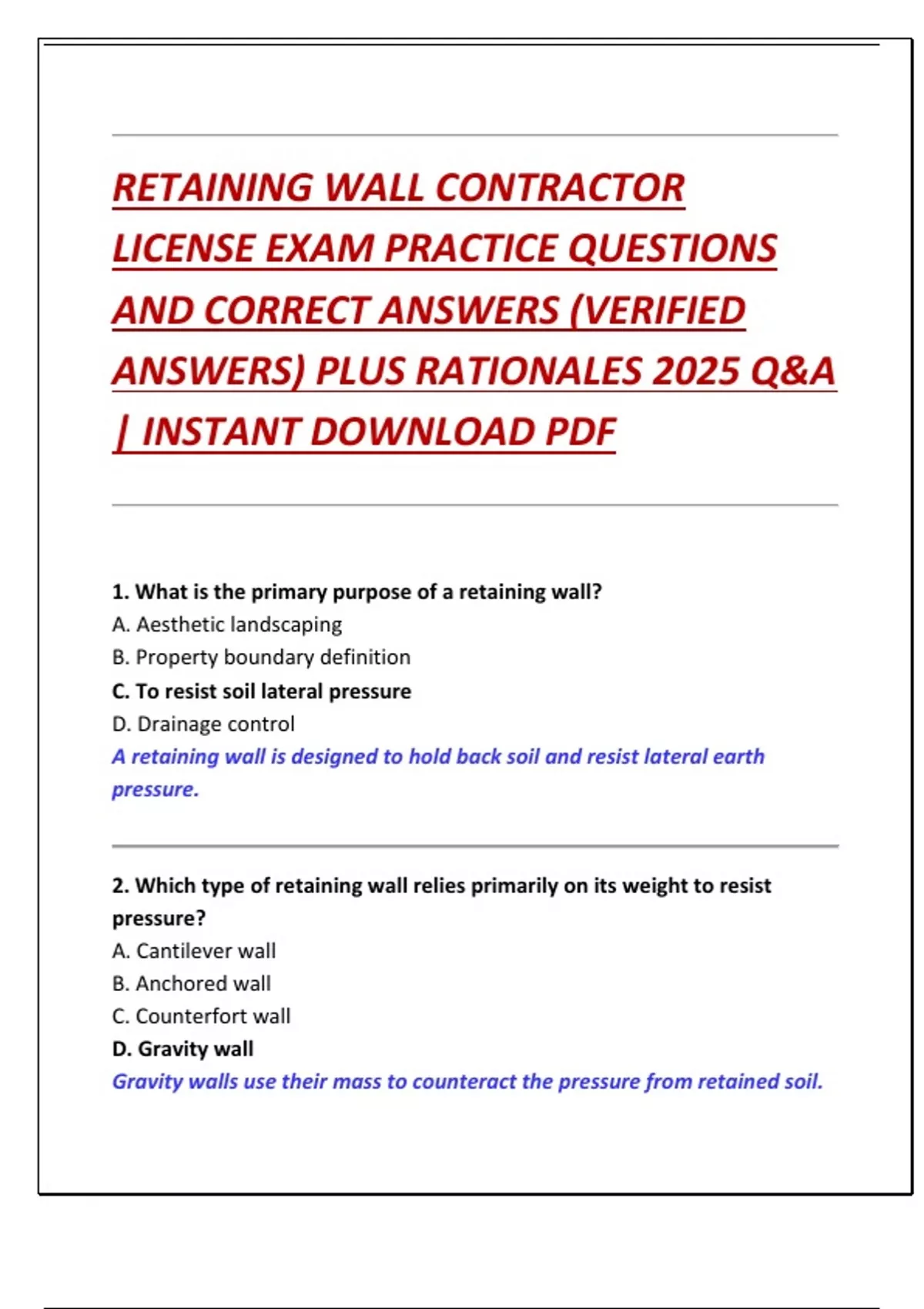 RETAINING WALL CONTRACTOR LICENSE EXAM PRACTICE QUESTIONS AND CORRECT ...