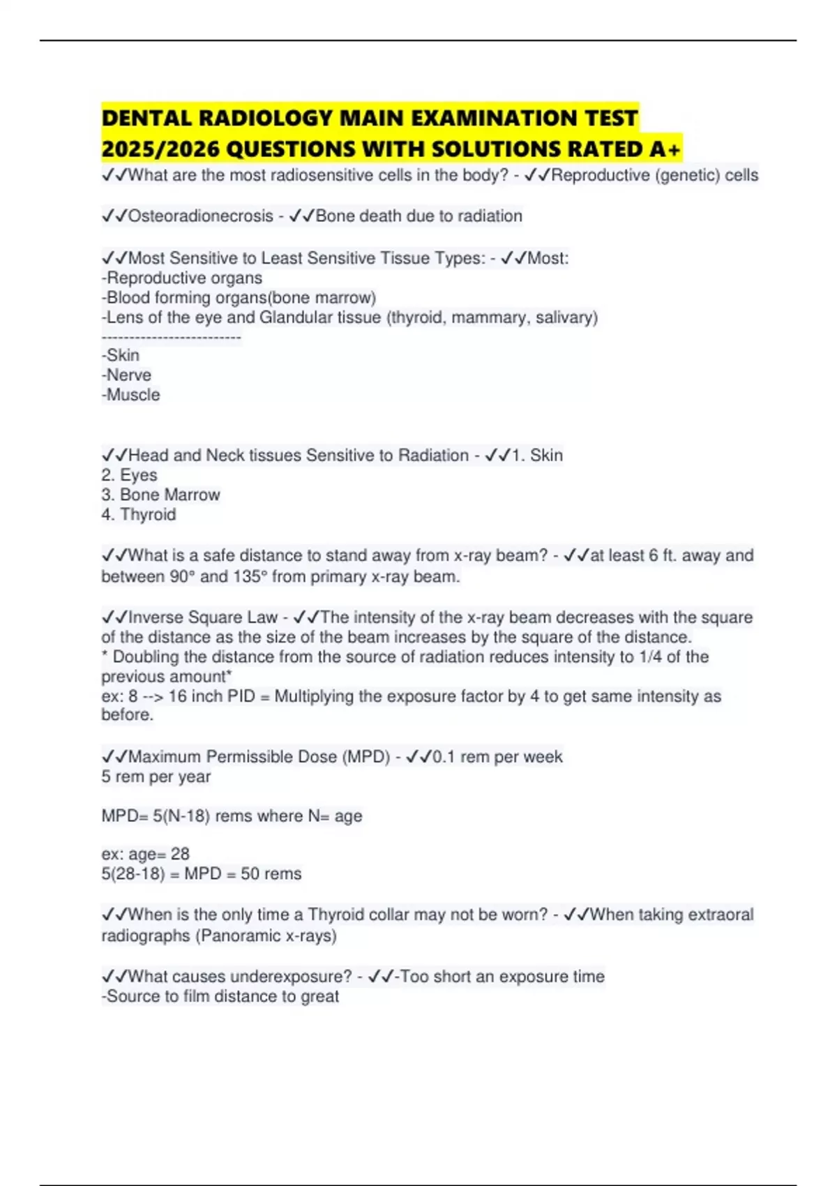 DENTAL RADIOLOGY MAIN EXAMINATION TEST 2025/2026 QUESTIONS WITH ...