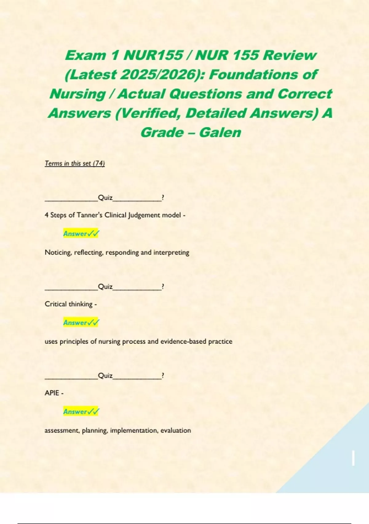 Exam 1 NUR155 / NUR 155 Review (Latest 2025/2026): Foundations of ...