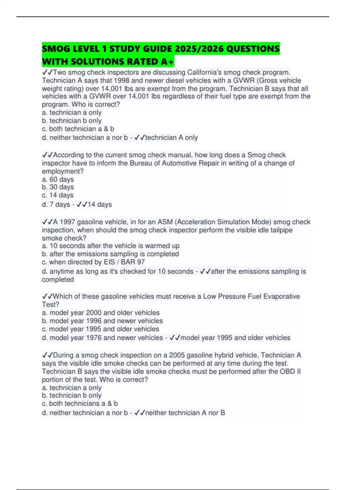 SMOG LEVEL 1 STUDY GUIDE 2025/2026 QUESTIONS WITH SOLUTIONS RATED A+ ...