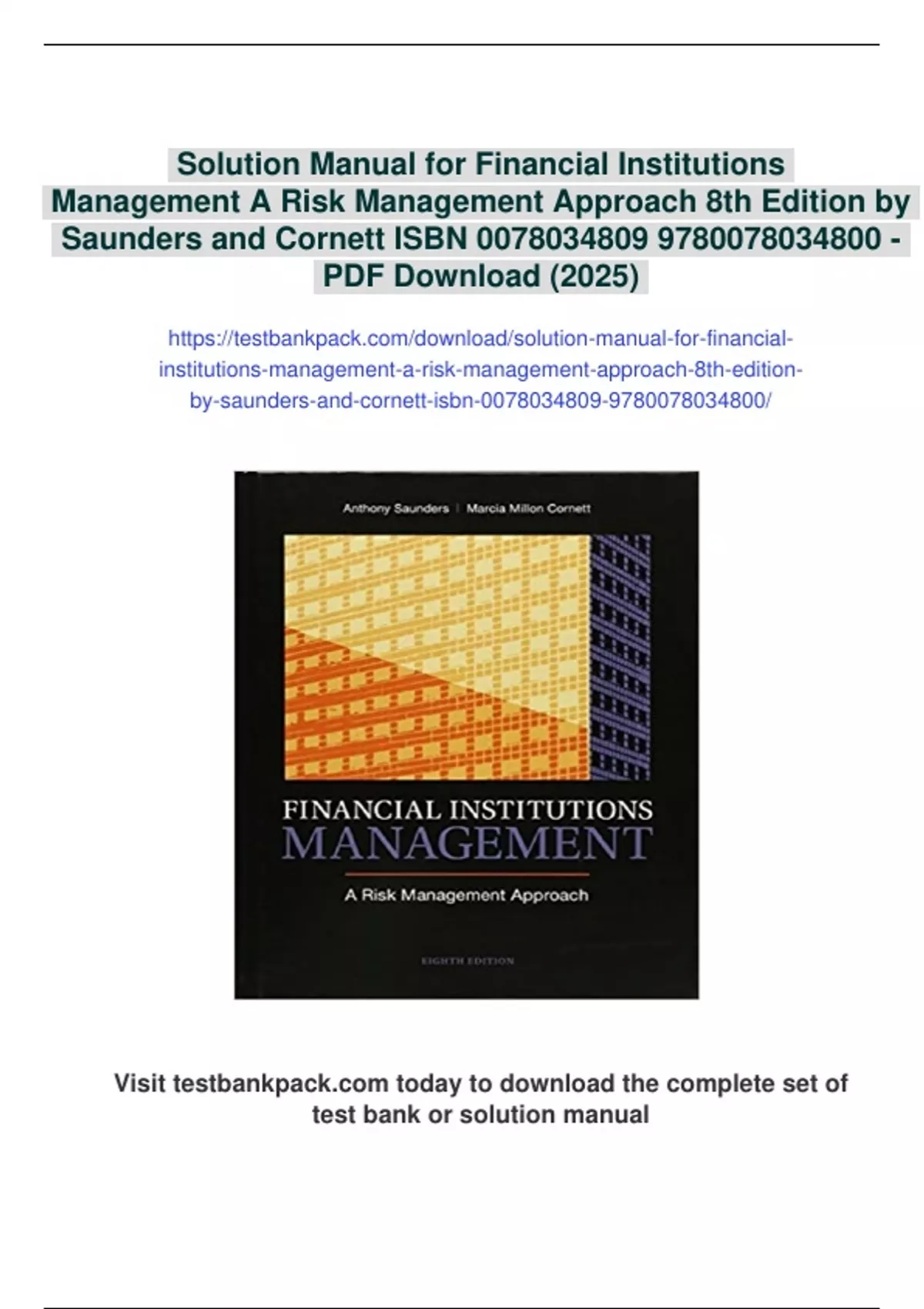 Summary Solution Manual for Financial Institutions Management A Risk Management Approach 8th ...