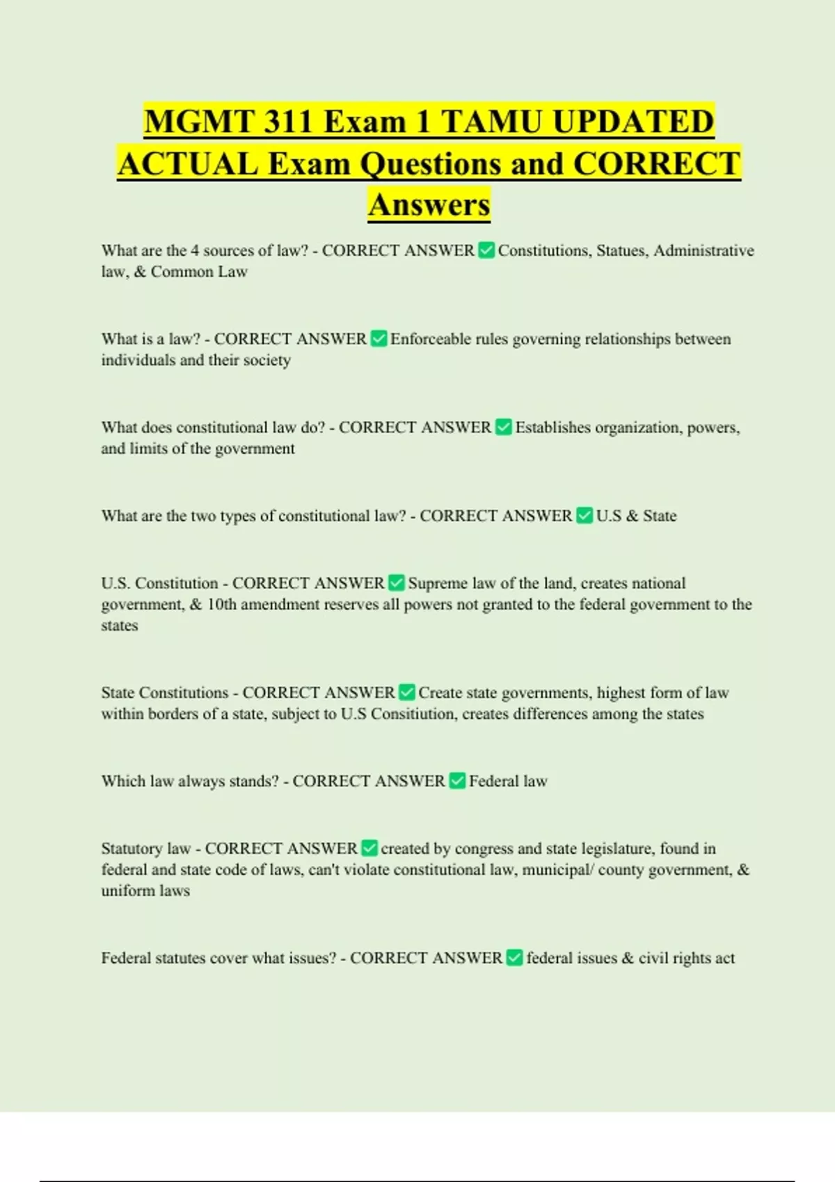 MGMT 311 Exam 1 TAMU UPDATED ACTUAL Exam Questions and CORRECT Answers ...