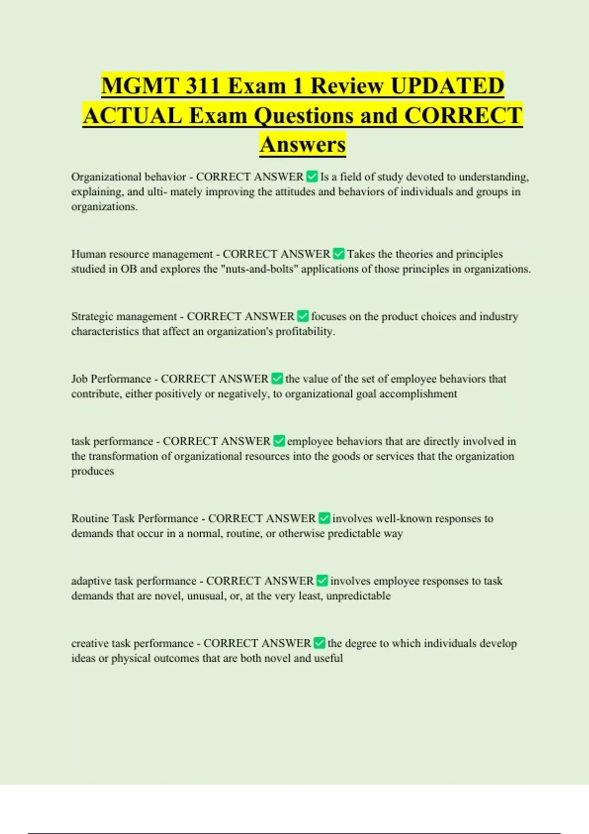 MGMT 311 Exam 1 Review UPDATED ACTUAL Exam Questions and CORRECT ...