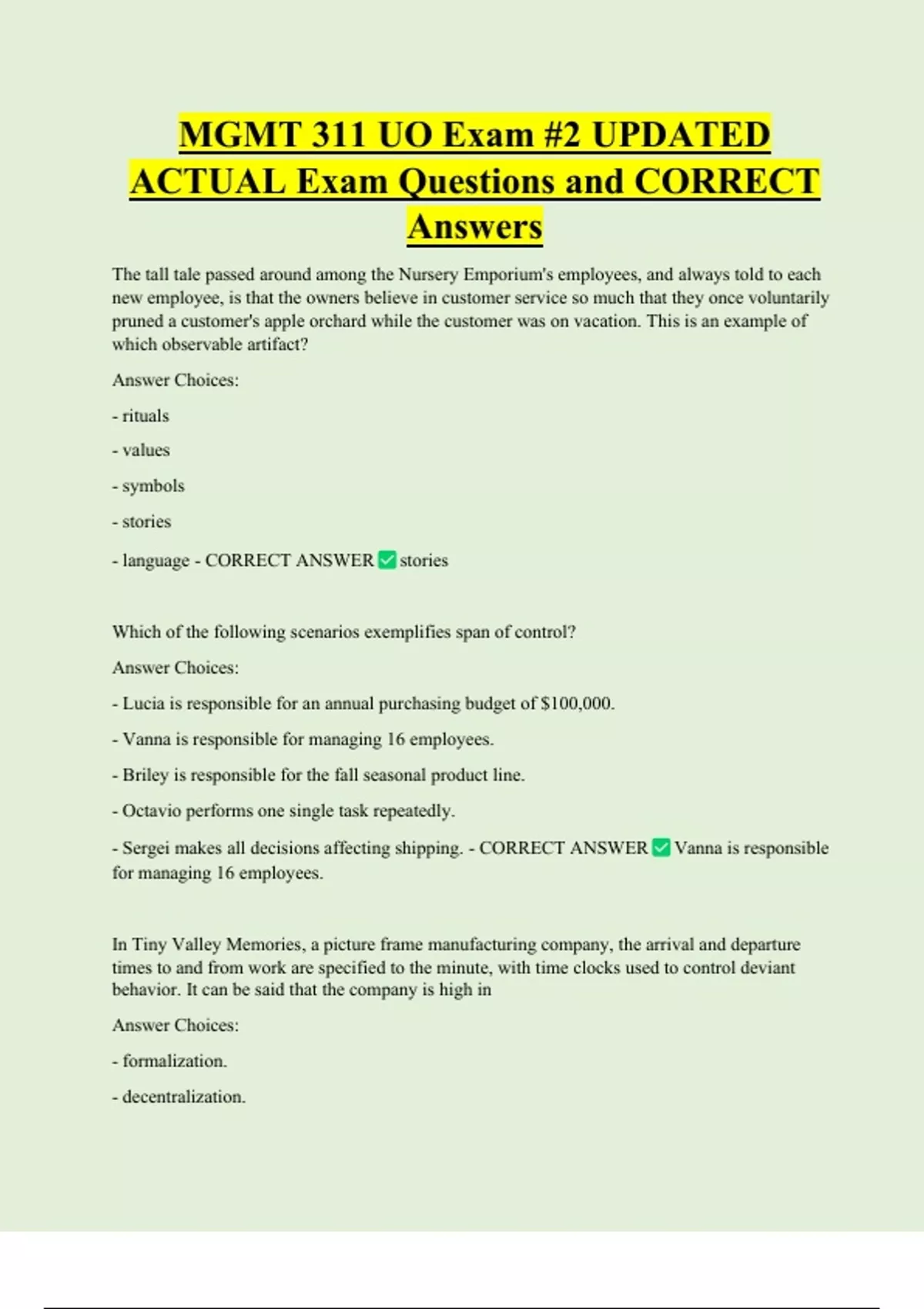 MGMT 311 UO Exam #2 UPDATED ACTUAL Exam Questions and CORRECT Answers ...