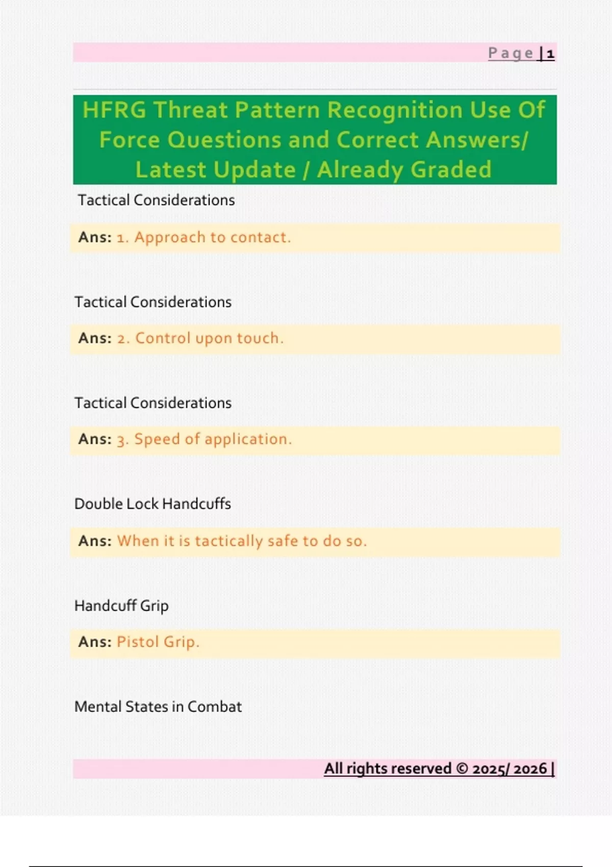 HFRG Threat Pattern Recognition Use Of Force Questions and Correct ...