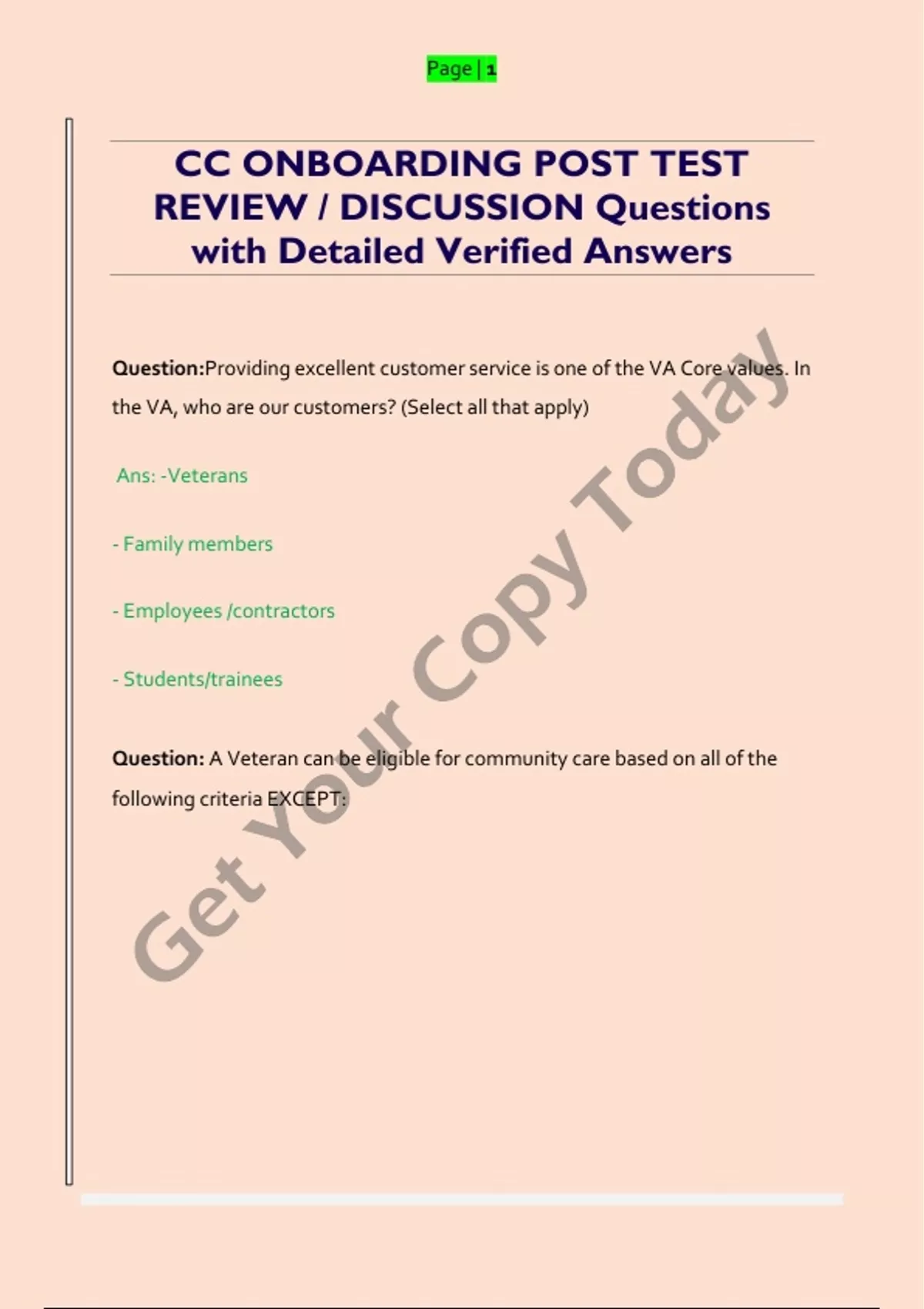CC ONBOARDING POST TEST REVIEW / DISCUSSION Questions with Detailed ...