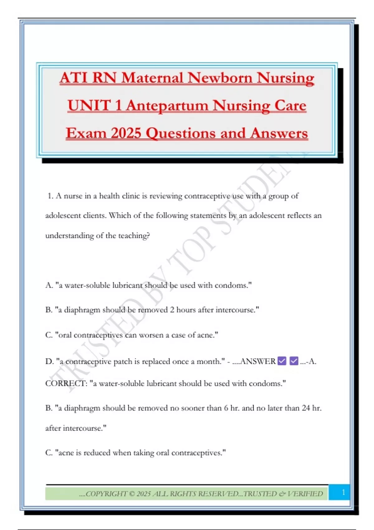 ATI RN Maternal Newborn Nursing UNIT 1 Antepartum Nursing Care Exam ...