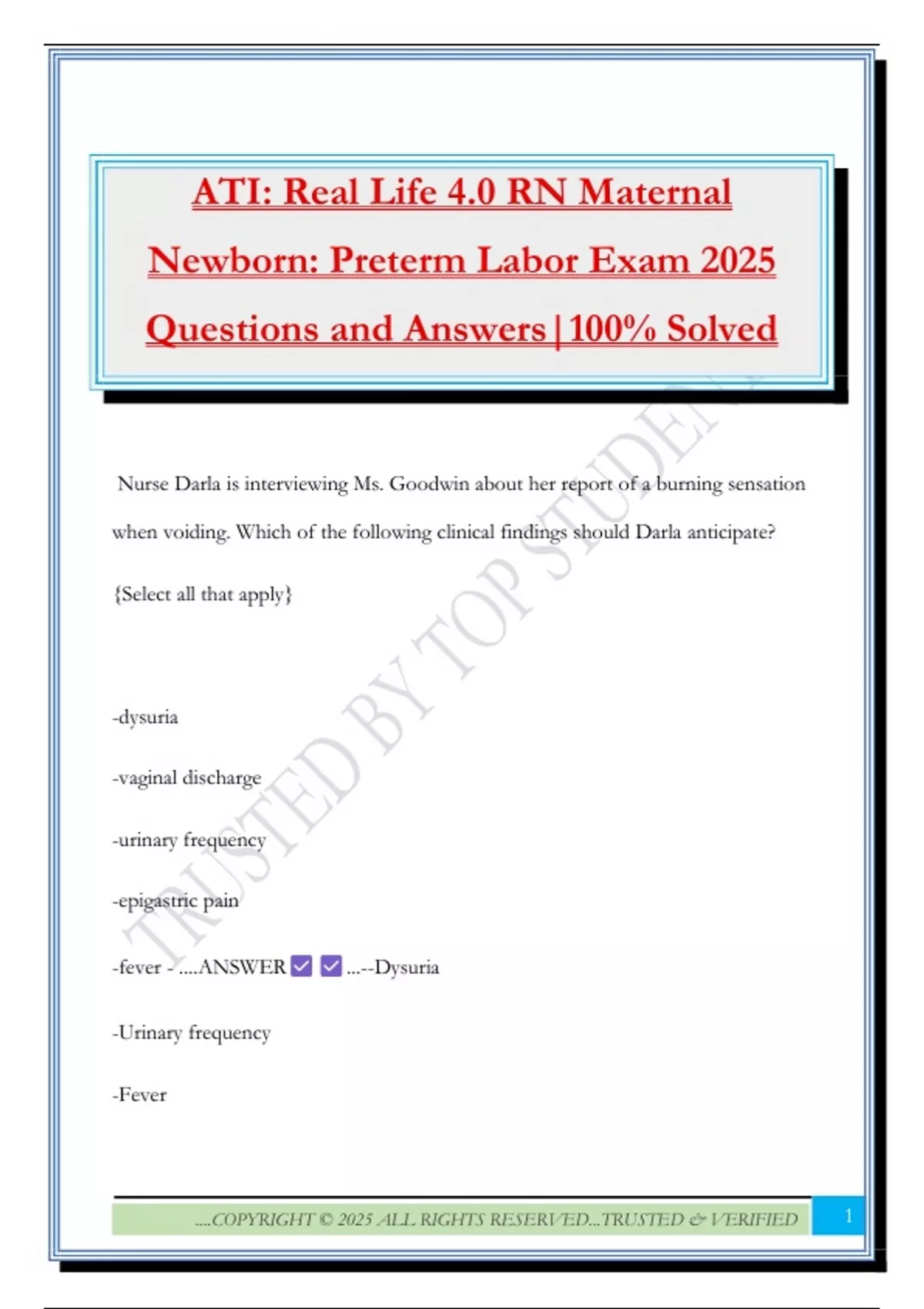 ATI: Real Life 4.0 RN Maternal Newborn: Preterm Labor Exam 2025 ...