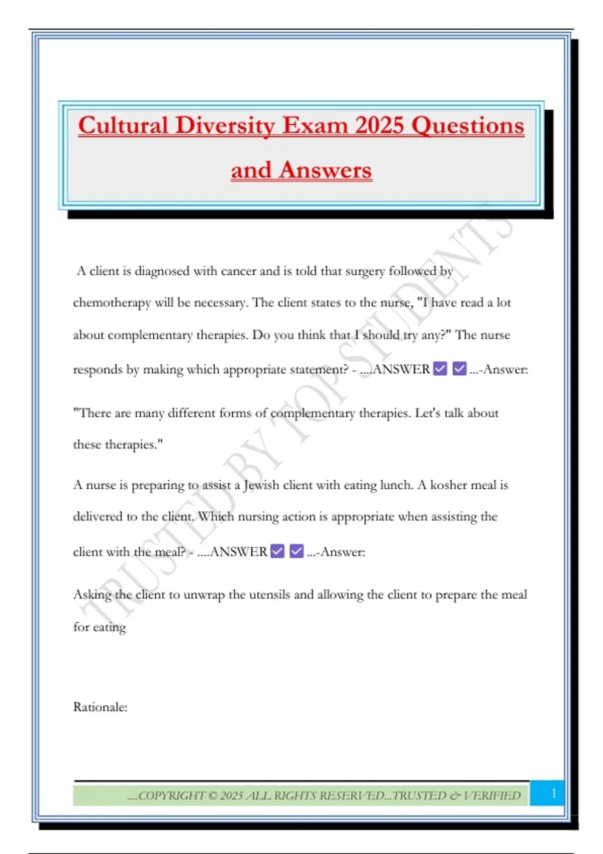 Cultural Diversity Exam 2025 Questions and Answers - ATI - Stuvia US
