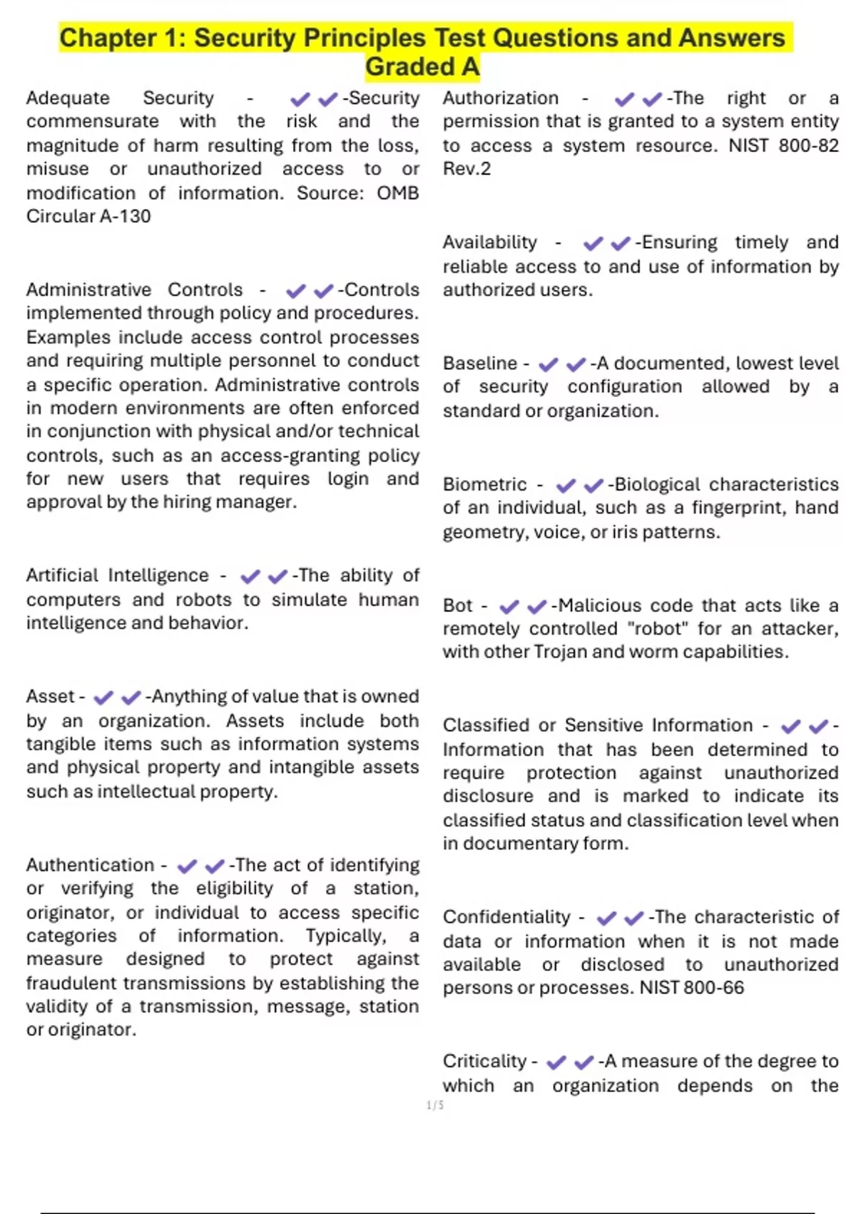 Chapter 1: Security Principles Test Questions and Answers Graded A ...