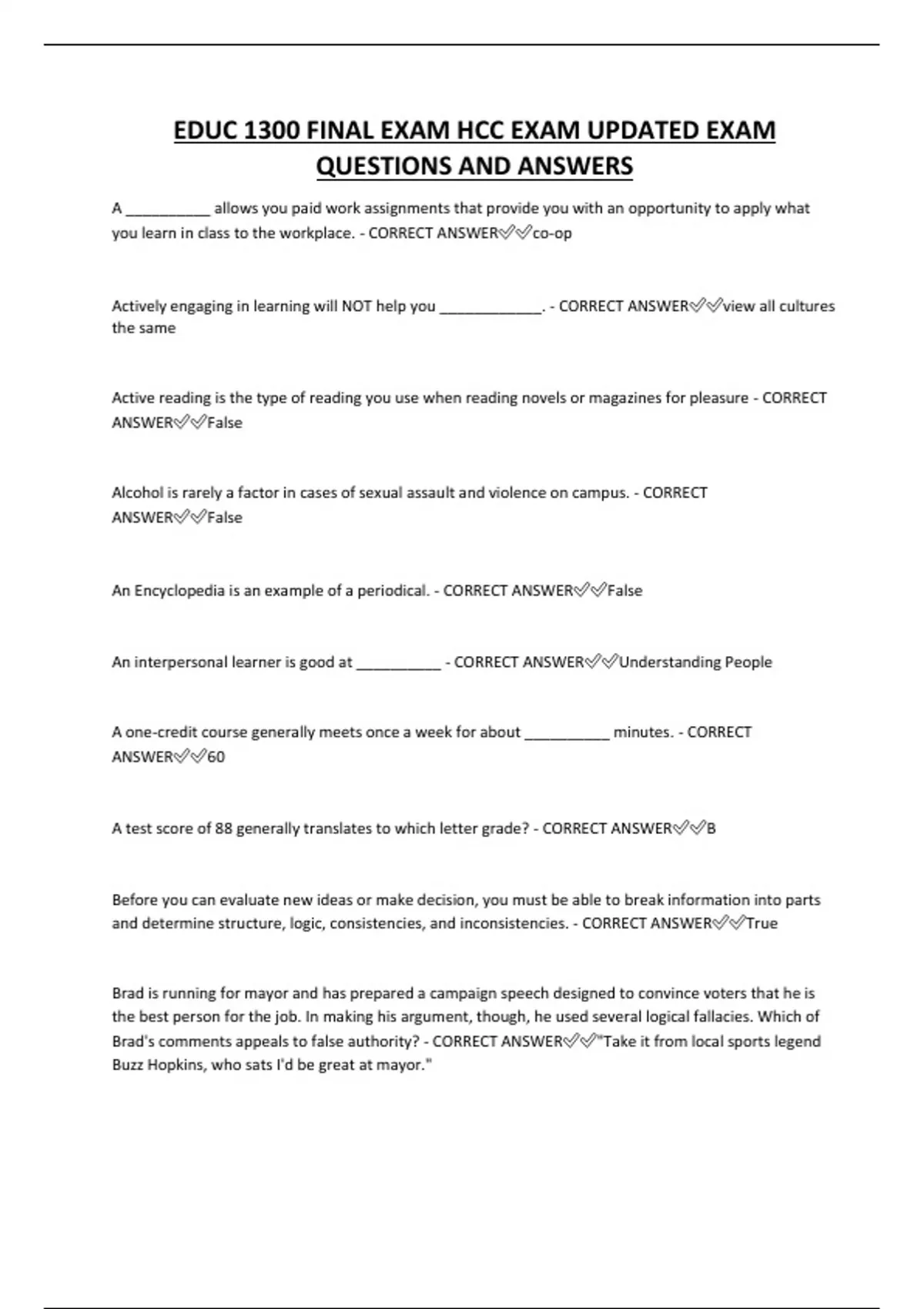 EDUC 1300 FINAL EXAM HCC EXAM UPDATED EXAM QUESTIONS AND ANSWER - EDUC ...