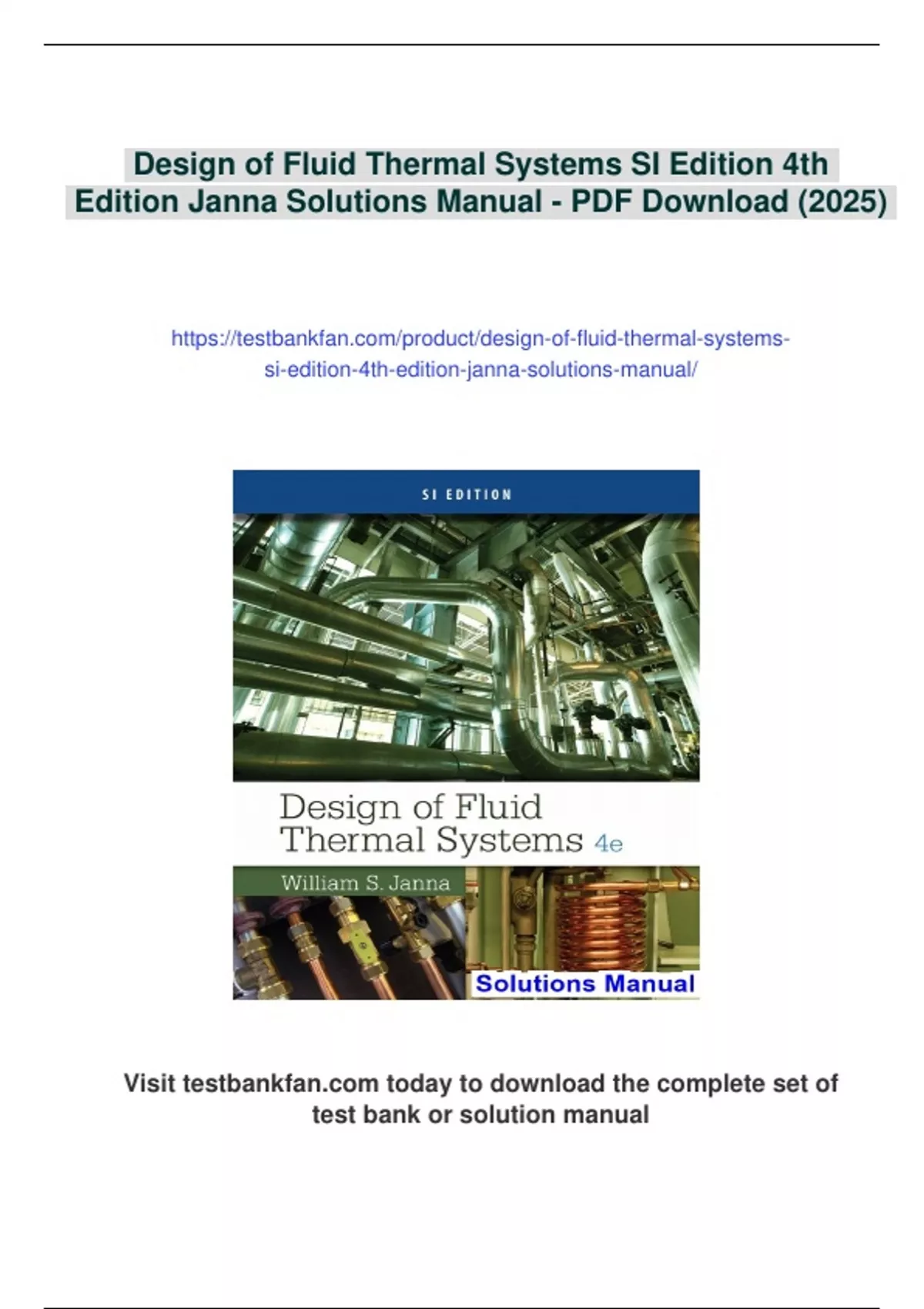Summary Design of Fluid Thermal Systems SI Edition 4th Edition Janna ...