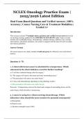 NCLEX Oncology Practice Exam &vert; 2025&sol;2026 Latest Edition &vert; Real Exam-Based Questions and Verified Answers &vert; 100&percnt; Accuracy &vert; Cancer Nursing Care & Treatment Modalities &vert; Graded A&plus;
