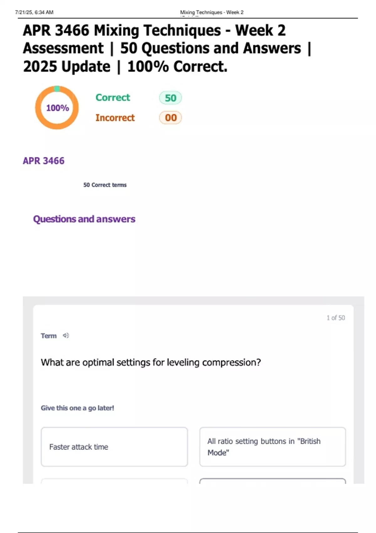 APR 3466 Mixing Techniques - Week 2 Assessment | 50 Questions and ...