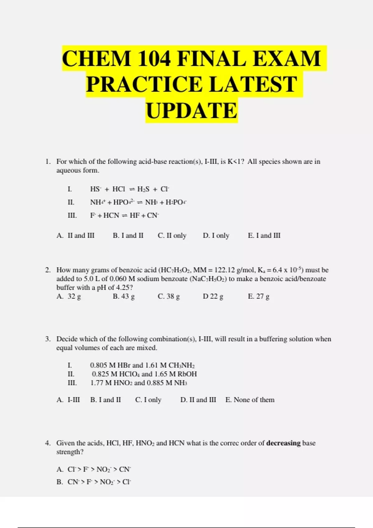 CHEM 104 Final Exam Practice – Comprehensive Review & Q&A LATEST (2025 ...