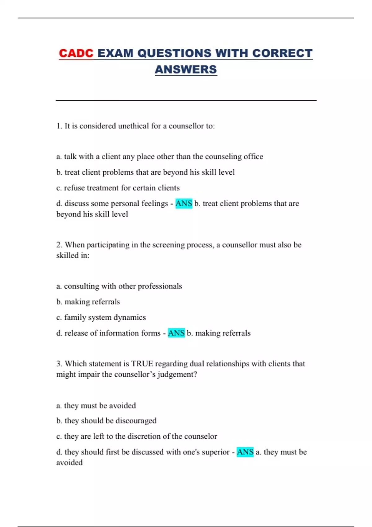 Cadc Exam Certified Alcohol And Drug Counselor Practice Questions