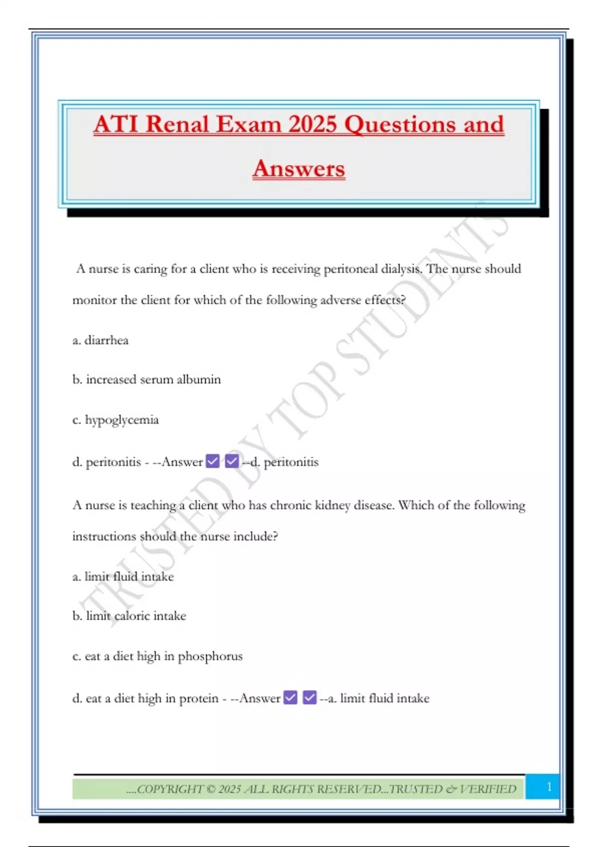 ATI Renal Exam 2025 Questions and Answers - ATI Renal and Urinary ...