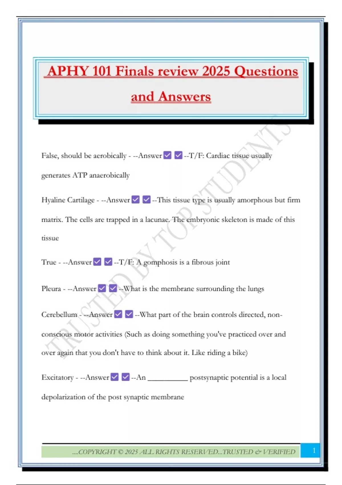 APHY 101 Finals review 2025 Questions and Answers - APHY 101 - Stuvia US