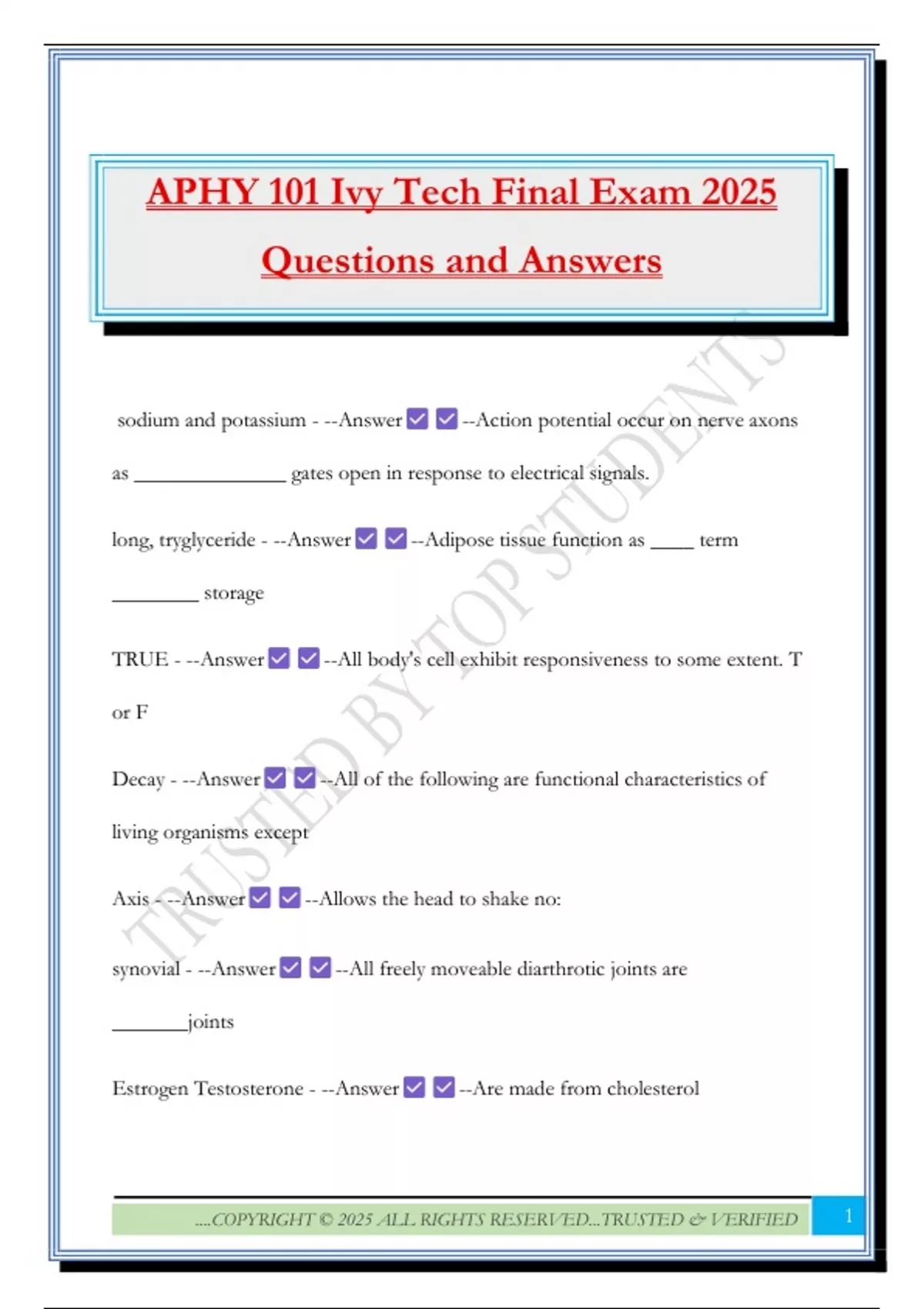 APHY 101 Ivy Tech Final Exam 2025 Questions and Answers - APHY 101 ...