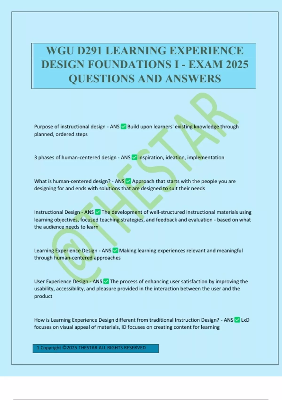 WGU D291 LEARNING EXPERIENCE DESIGN FOUNDATIONS I - EXAM 2025 QUESTIONS ...