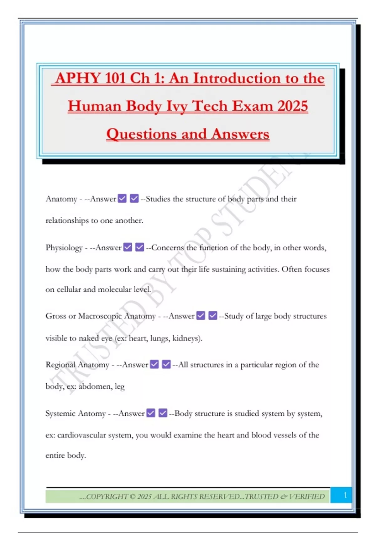 APHY 101 Ch 1: An Introduction to the Human Body Ivy Tech Exam 2025 ...